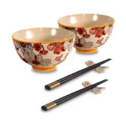 PECHINO LINE Set De 2 Bols Coupelle En Grès D11.5 300 Ml Avec Baguettes Décor Rouge WD Lifestyle